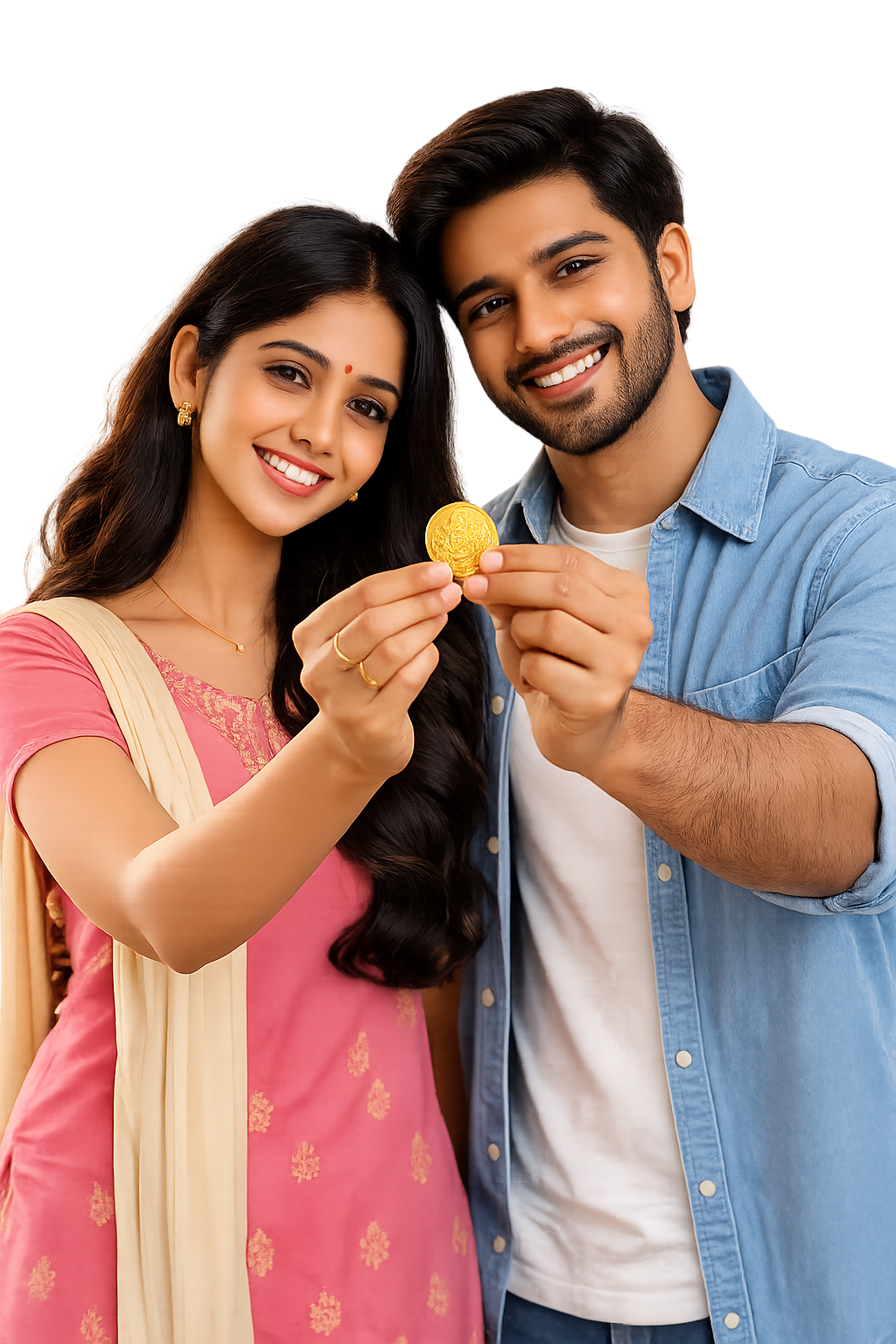 Couple holding a gold coin